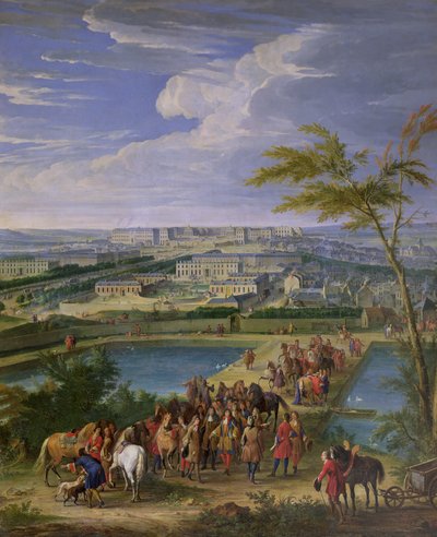 Byen og slottet i Versailles fra Butte de Montboron, hvor Louis XIV (1638-1715) med Louvois, Mansart og Le Notre så vandet ankomme fra Marly-maskinen ind i reservoirerne, 1688 (oi af Jean Baptiste Martin